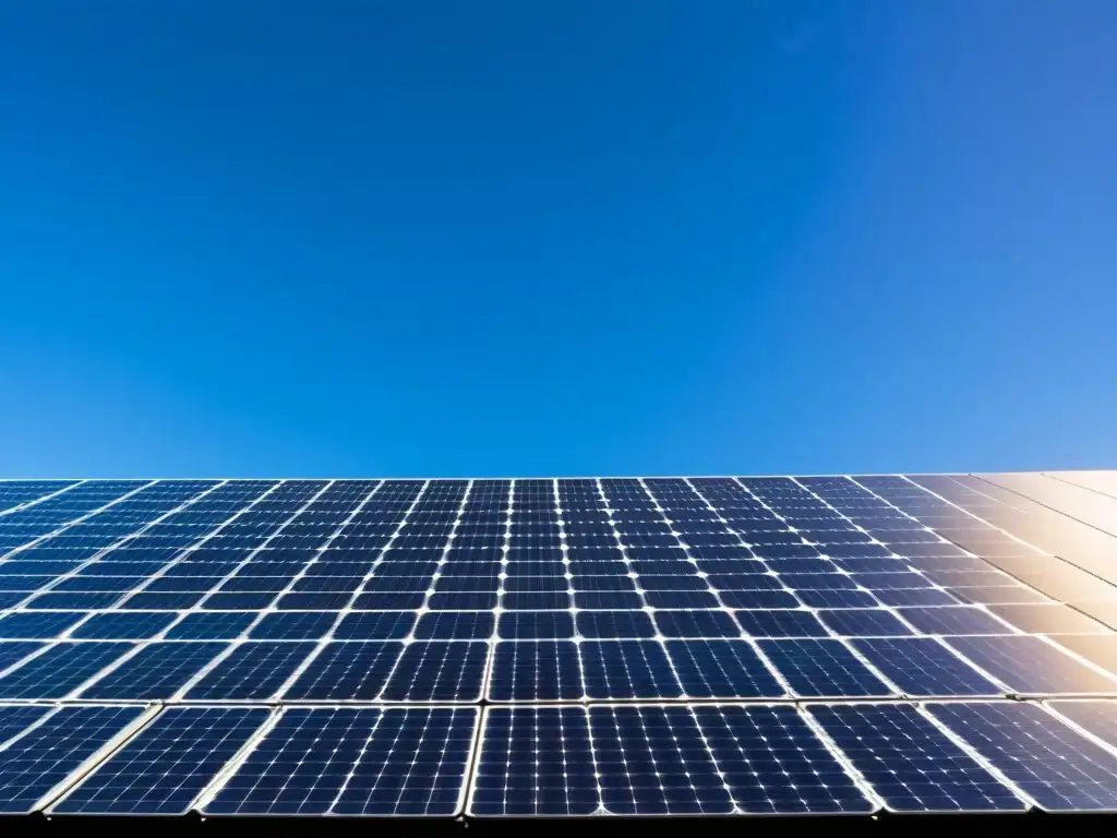 Vista panorámica de una gran instalación de paneles solares, reflejando el cielo despejado