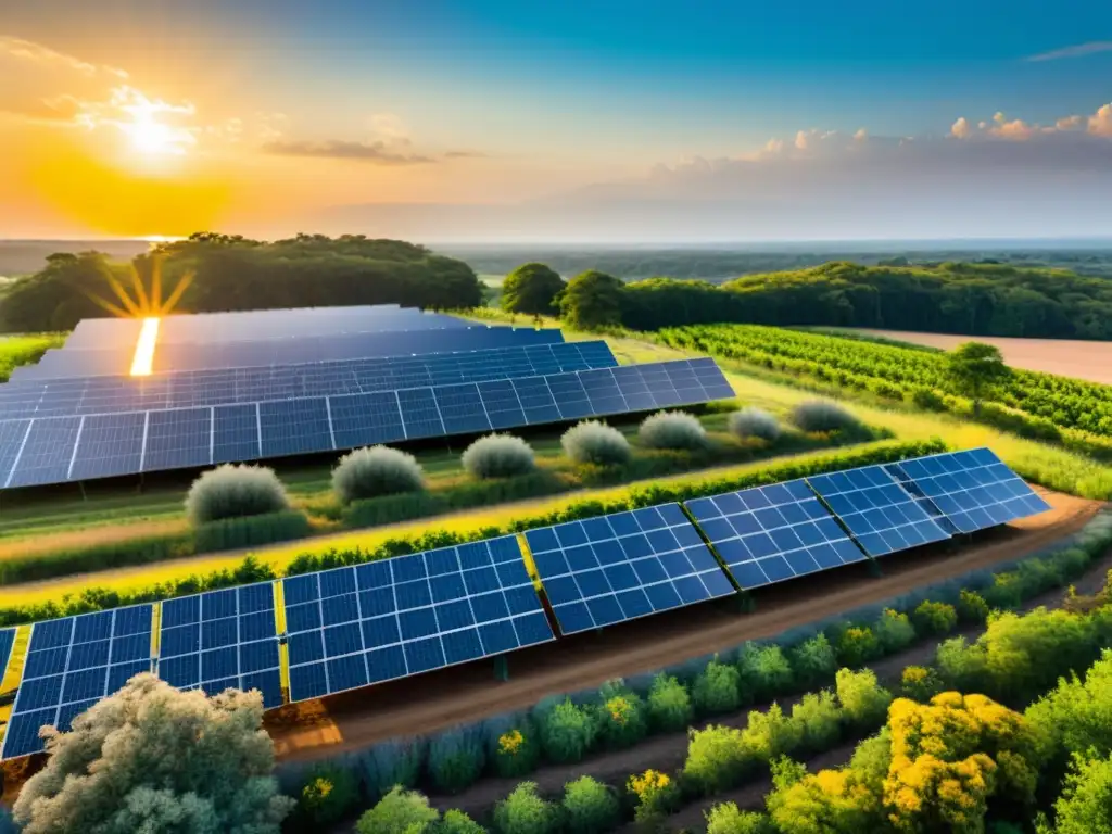 Vista panorámica de granja solar integrada en ecosistema vibrante, resaltando impacto positivo de energía solar en biodiversidad