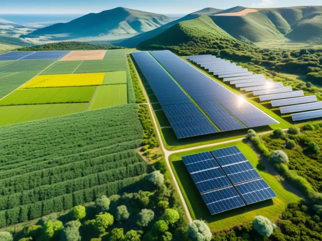 Vista panorámica de una granja solar integrada en un paisaje natural exuberante