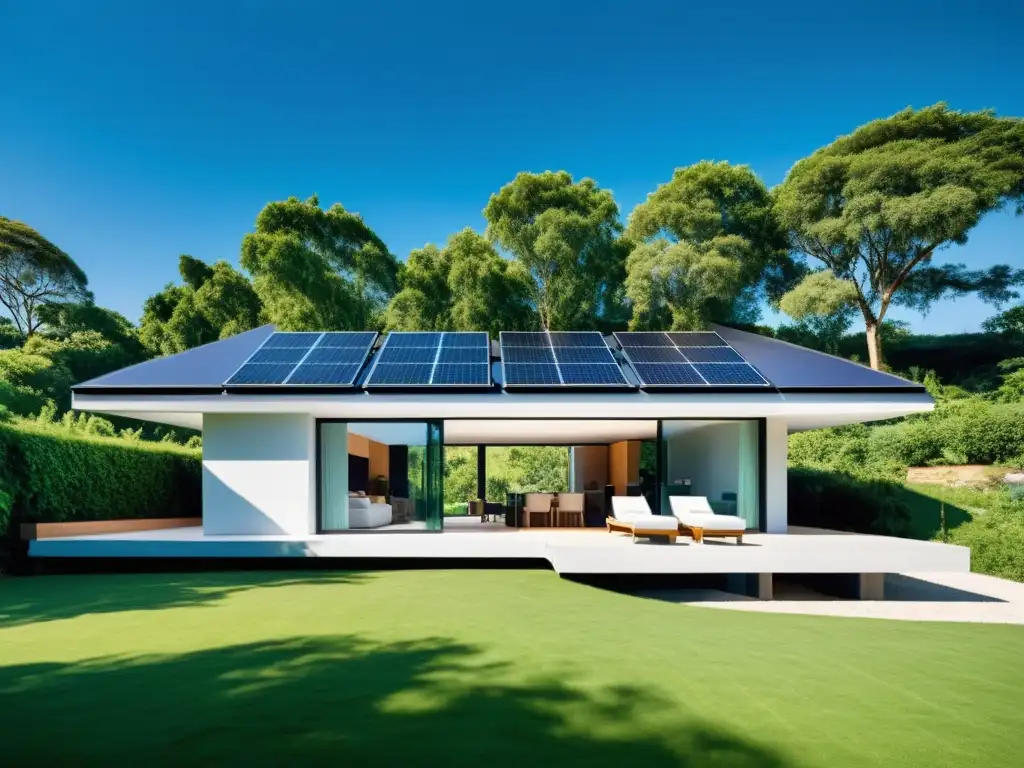 Vista panorámica de un hogar sostenible con paneles solares, rodeado de vegetación exuberante y cielo azul