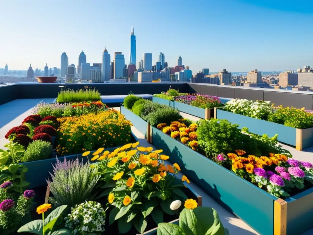 Vista panorámica de un huerto urbano en azotea sostenible, con plantas vibrantes y flores coloridas en medio de edificios modernos