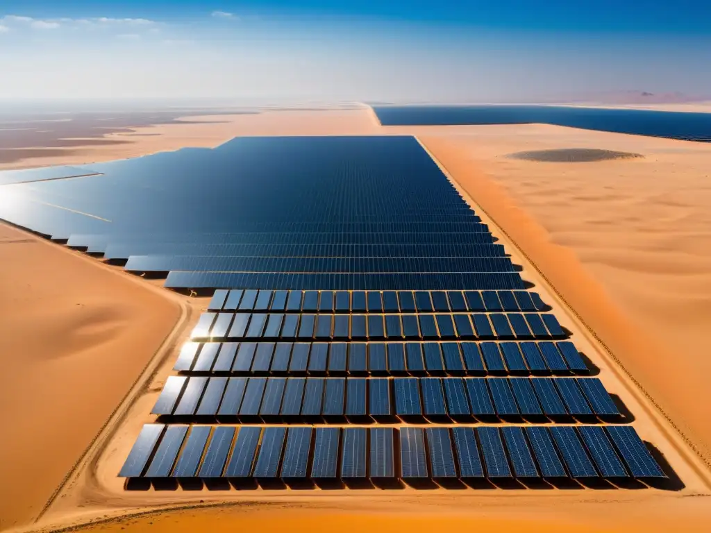 Vista panorámica de una inmensa granja solar en el desierto de los Emiratos Árabes, simbolizando la energía solar sostenible en la región