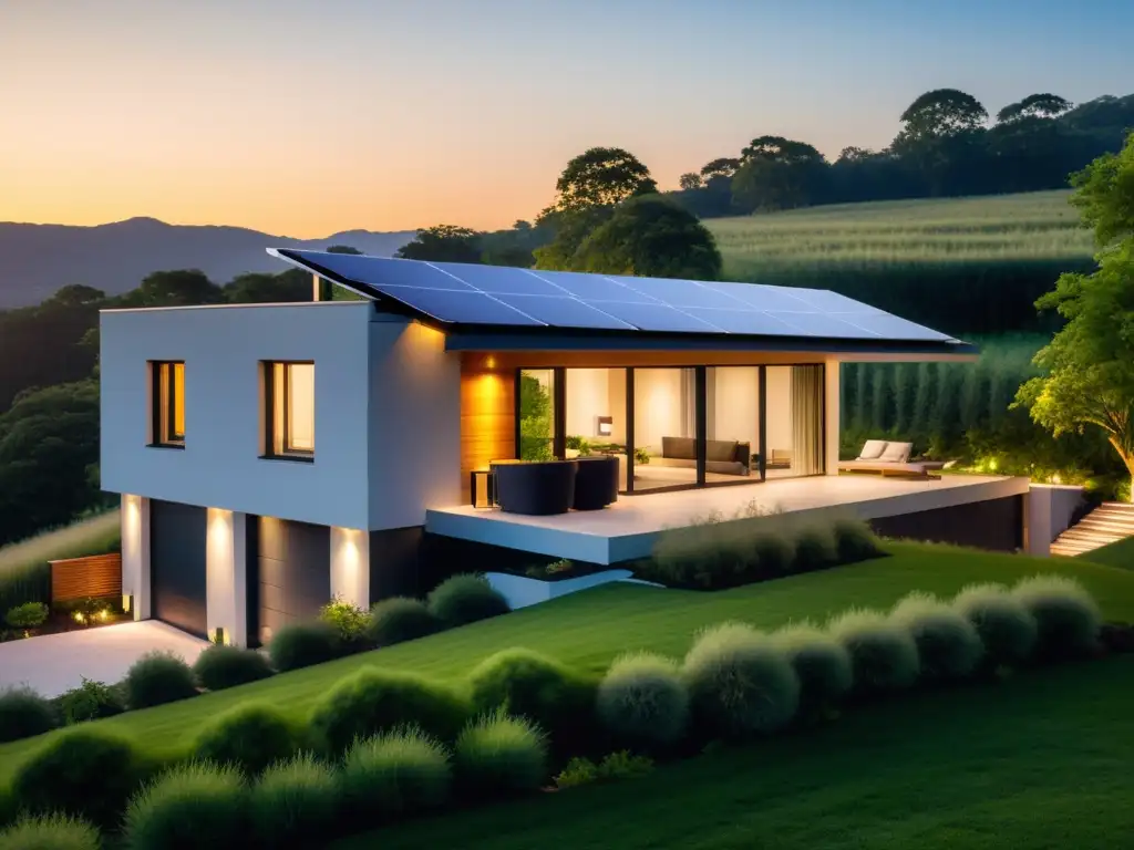 Vista panorámica de una moderna casa ecológica con paneles solares y batería de última generación, rodeada de exuberante vegetación