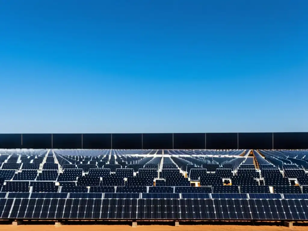 Vista panorámica de una moderna planta de energía solar con paneles negros reflejando la luz solar en un cielo azul