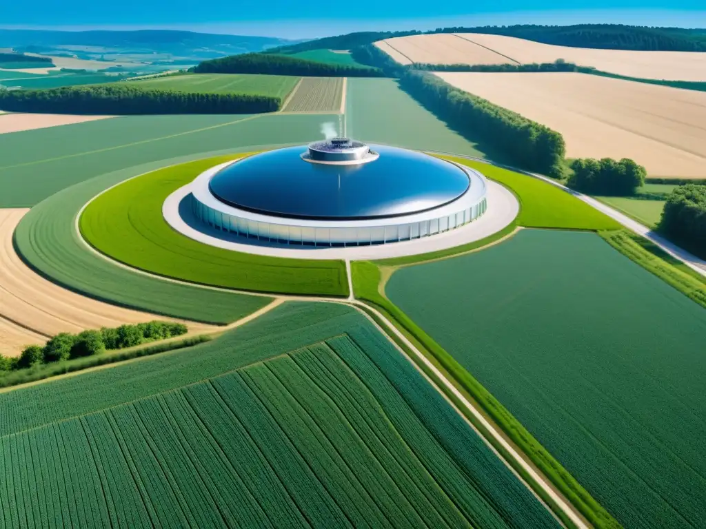 Vista panorámica de una moderna planta de bioenergía sostenible integrada en un paisaje agrícola