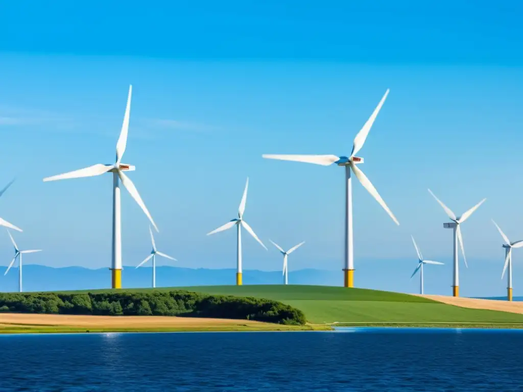 Energía eólica: armonía entre tecnología y naturaleza Vista panorámica de un moderno parque eólico en armonía con la biodiversidad local