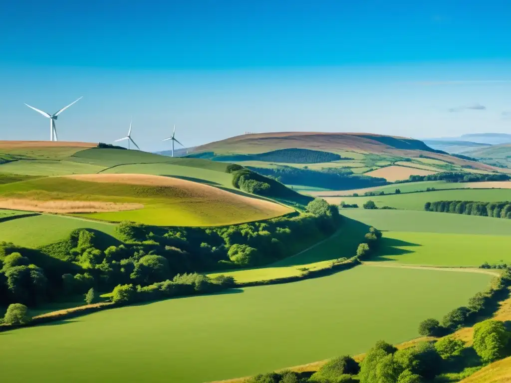 Vista panorámica de paisaje escocés con colinas verdes, cielo azul y una turbina eólica