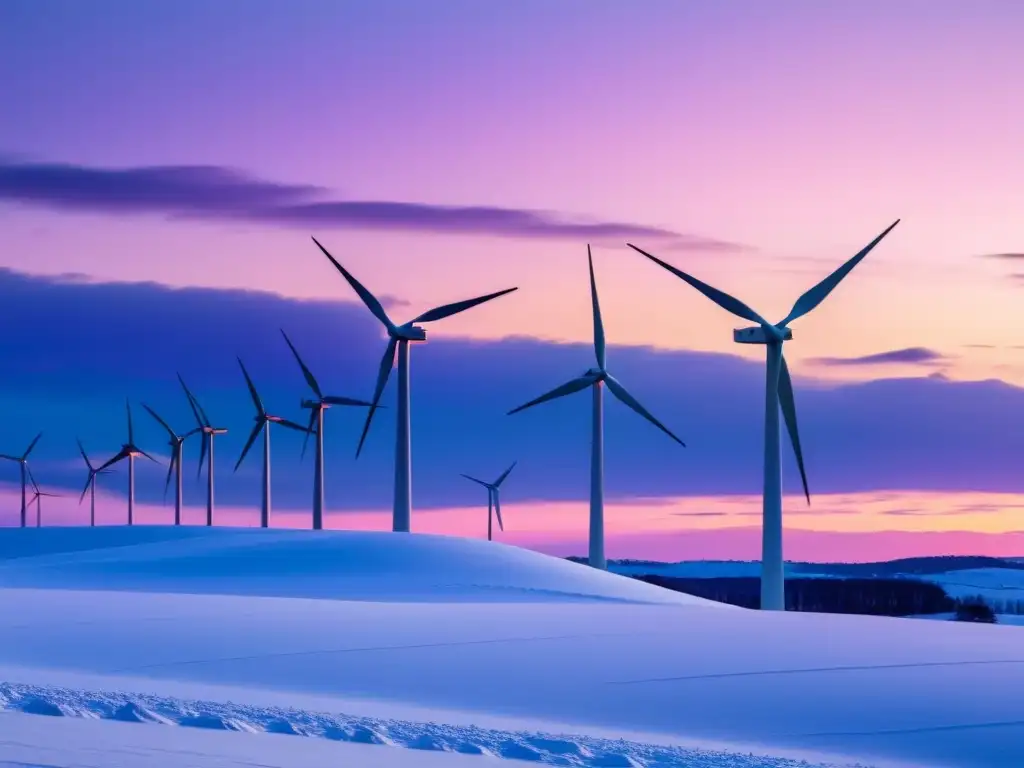 Vista panorámica de paisaje nevado al atardecer con modernos molinos de viento, simbolizando soluciones de almacenamiento energía en climas fríos