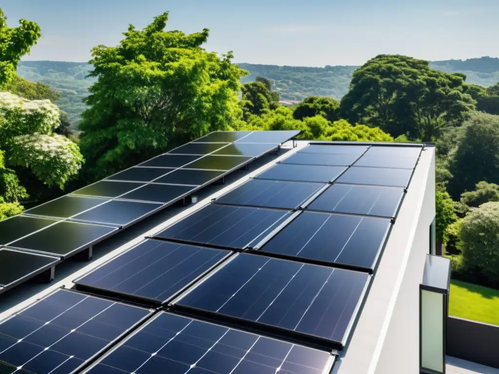 Vista panorámica de paneles solares negros en un techo residencial, evocando armonía con la naturaleza y energía ecoamigable