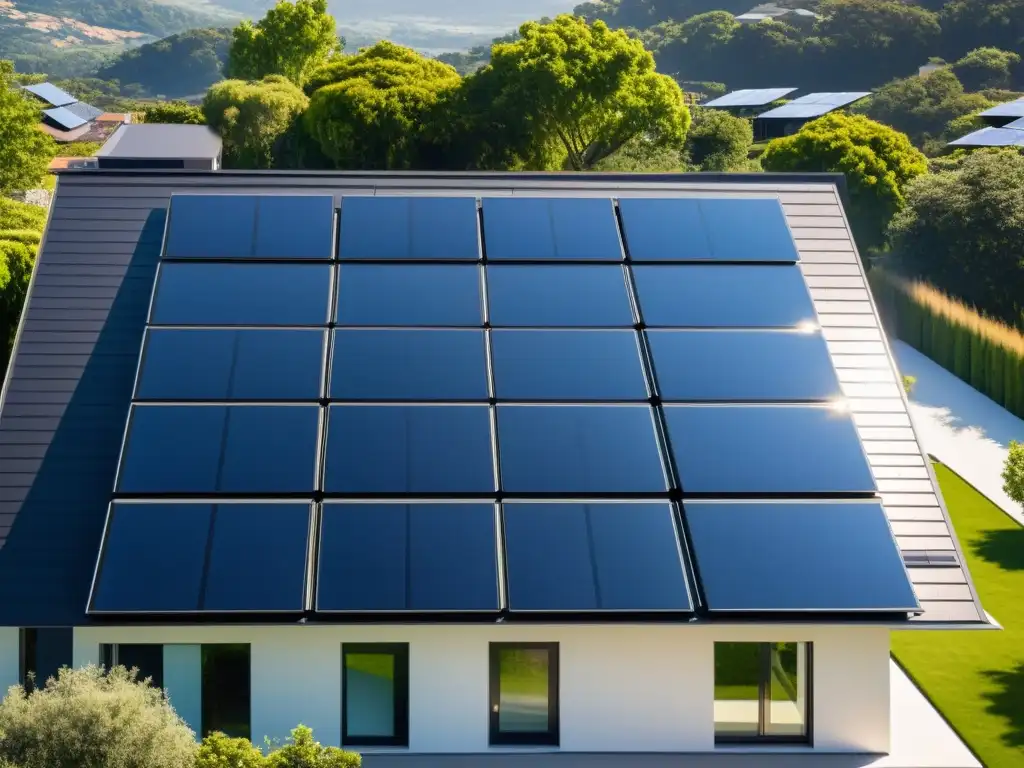 Vista panorámica de paneles solares negros en un tejado residencial, reduciendo la huella de carbono con energía renovable