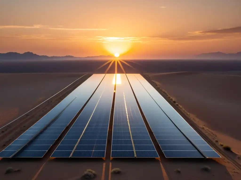 Vista panorámica de paneles solares en el desierto al atardecer, transmitiendo la armonía y potencial de las energías renovables en la geopolítica