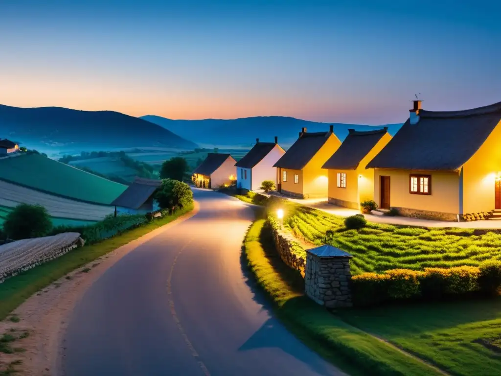 Vista panorámica de un pueblo rural al anochecer, con cálida luz emanando de las ventanas