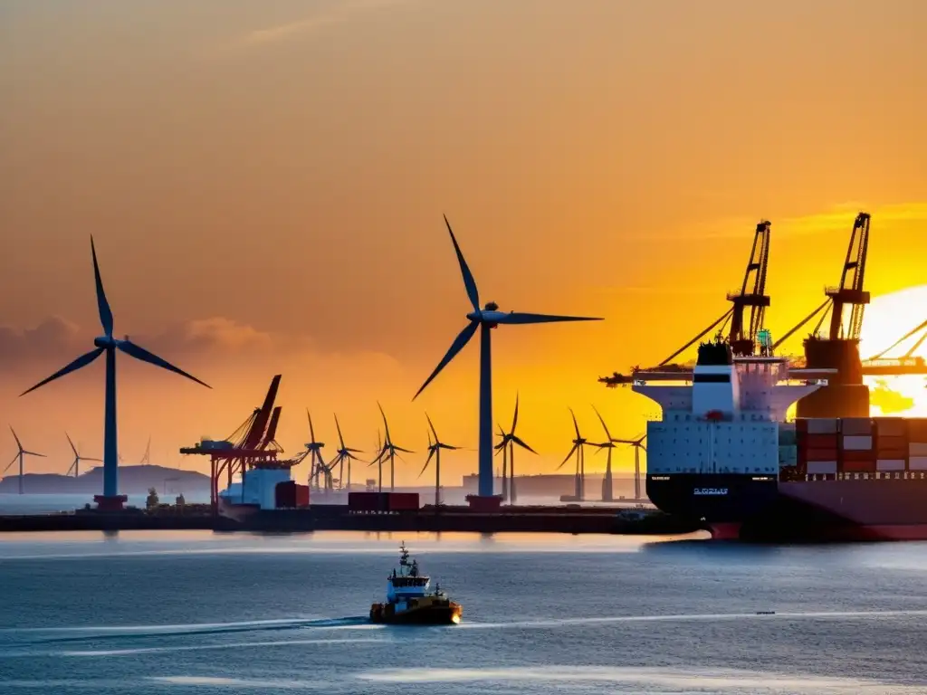 Vista panorámica de un puerto moderno con aerogeneradores en el mar al atardecer