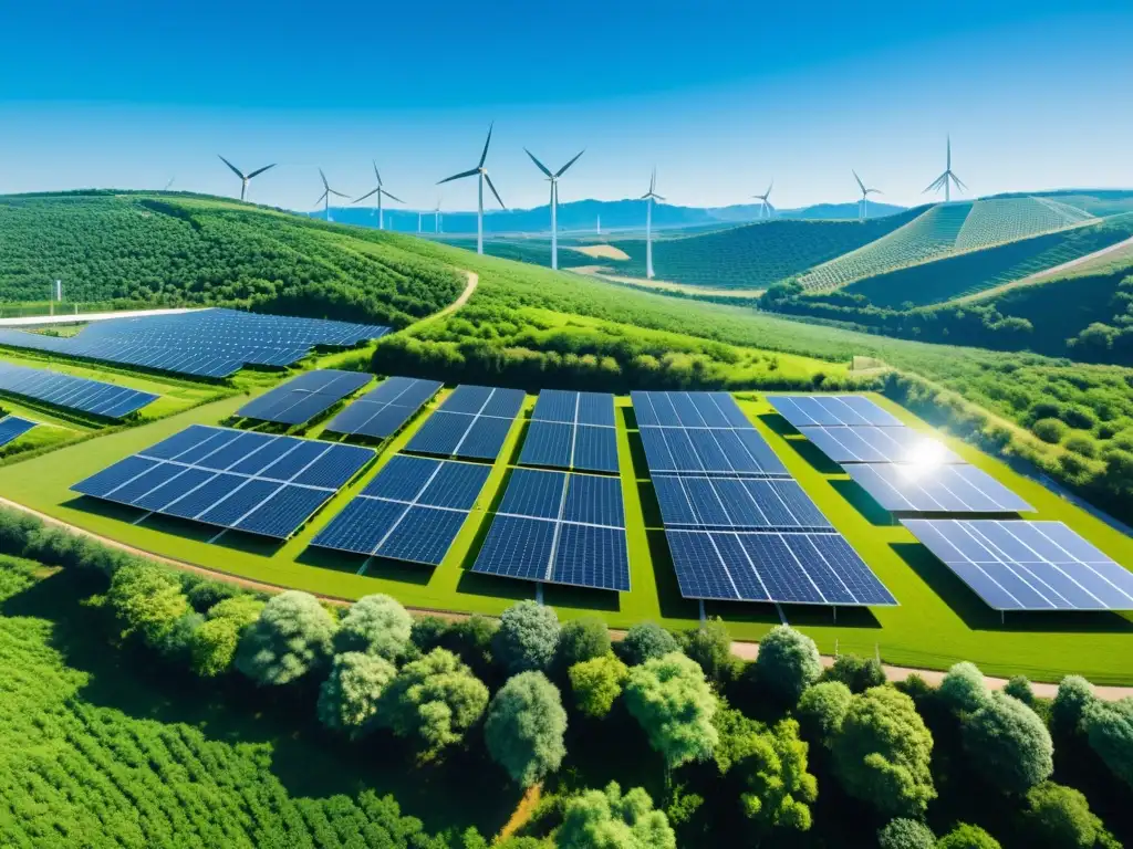 Vista panorámica de una red de microgrids sostenibles con paneles solares, turbinas eólicas y almacenamiento de energía, en un entorno verde y tecnológico