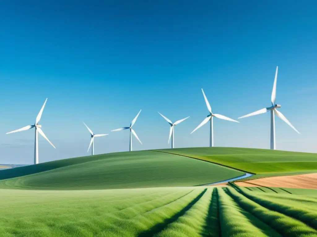 Vista panorámica soleada de turbinas eólicas modernas en un paisaje vasto y sereno, contribución turbinas eólicas desarrollo sostenible