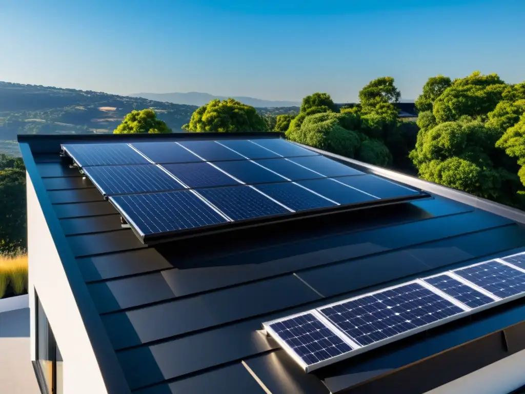 Vista panorámica de un techo moderno con paneles solares integrados, destacando los beneficios de instalar techos solares fotovoltaicos