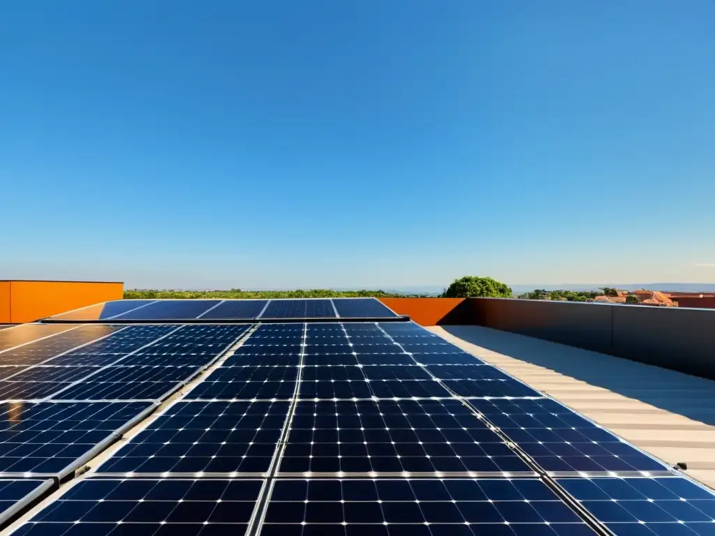 Vista panorámica de un techo residencial moderno con paneles solares, transmitiendo la esencia de los sistemas de calefacción solar sostenible