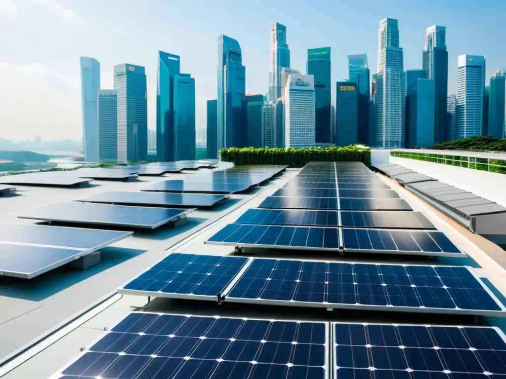 Vista panorámica de Singapur con techos solares innovadores integrados en la arquitectura urbana, capturando la luz del sol