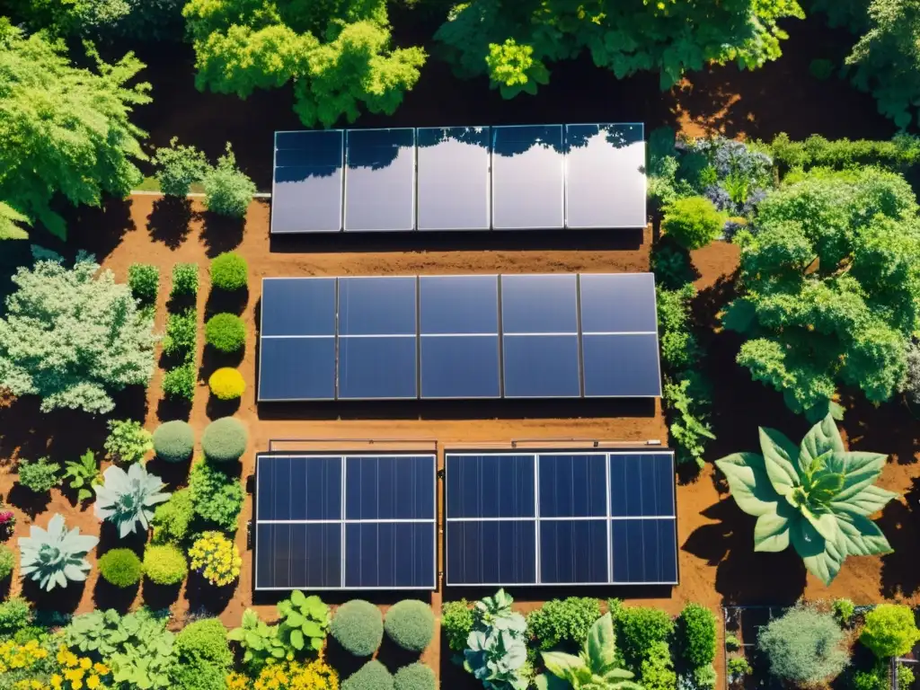 Vista panorámica de un vibrante jardín comunitario con paneles solares, resaltando la armonía entre energía renovable y naturaleza