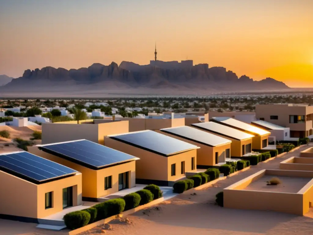 Vista panorámica de zona residencial moderna en Emiratos Árabes con casas minimalistas y paneles solares en los techos