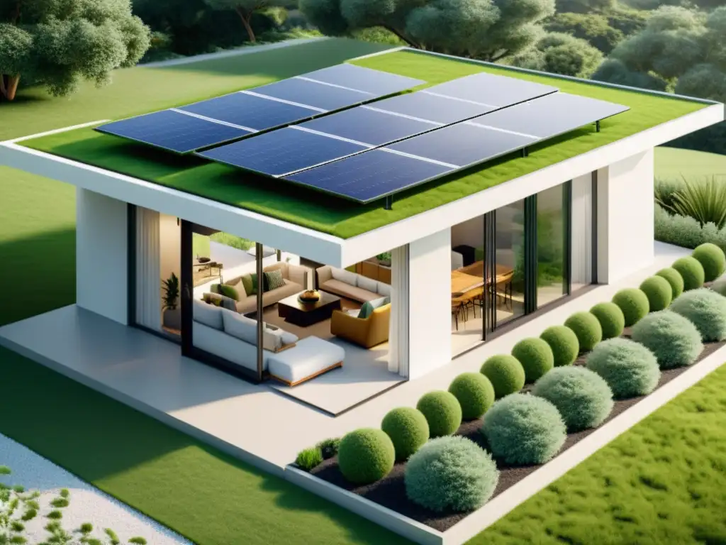 Vista de una red doméstica ecológica sostenible con paneles solares y jardín en la azotea, evocando armonía y vida ecoconsciente