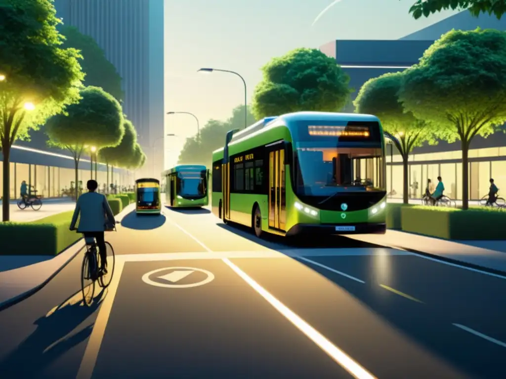 Vista serena de una calle urbana con buses eléctricos y bicicletas, rodeada de exuberante vegetación, transmitiendo la idea de movilidad urbana sostenible y reducción de la huella ambiental