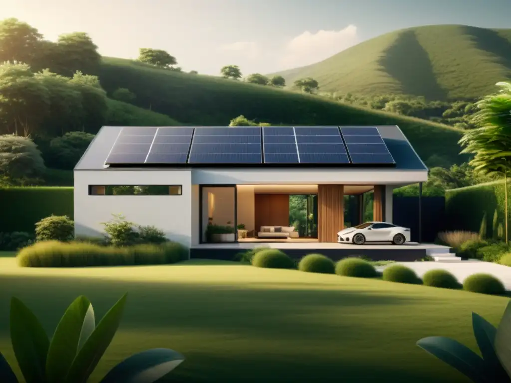 Vista serena de una casa moderna con paneles solares rodeada de naturaleza exuberante