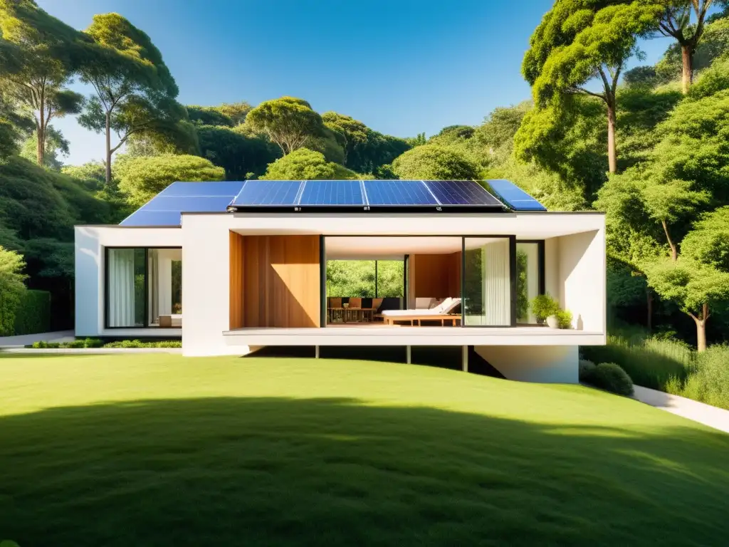 Vista serena de casa ecológica con paneles solares y exuberante vegetación