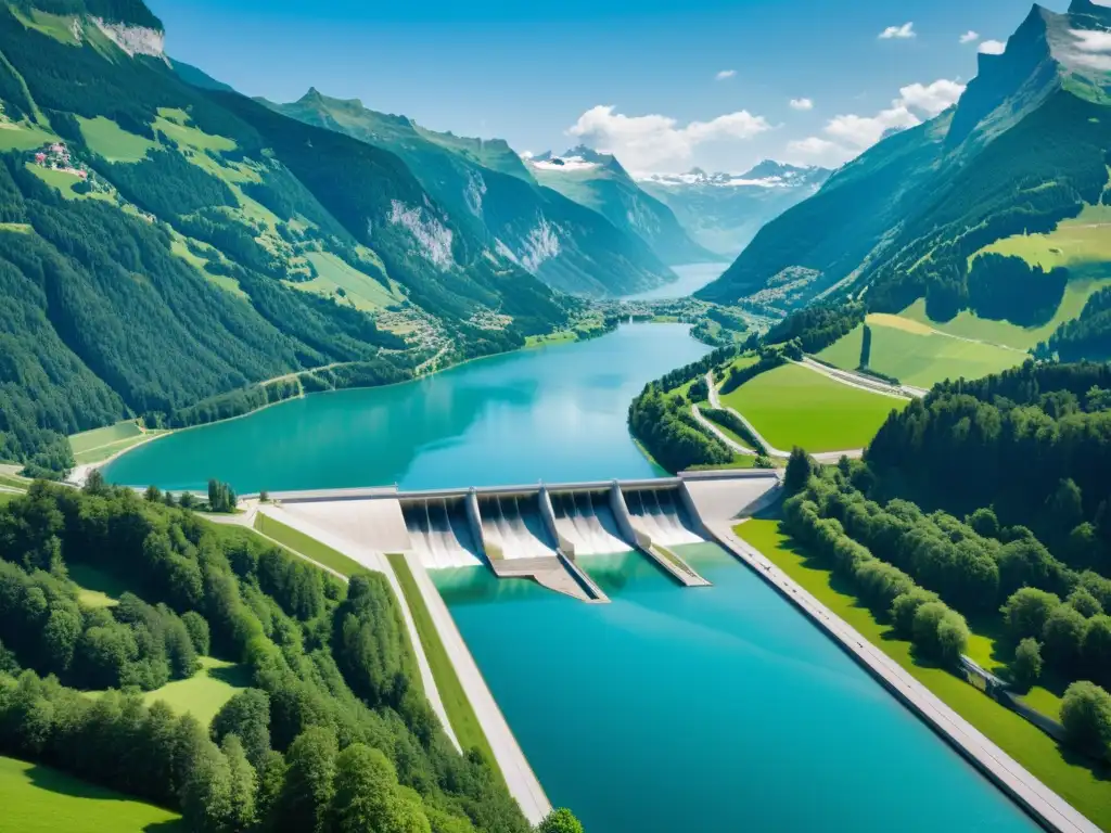 Vista serena de una central hidroeléctrica suiza en armonía con la naturaleza