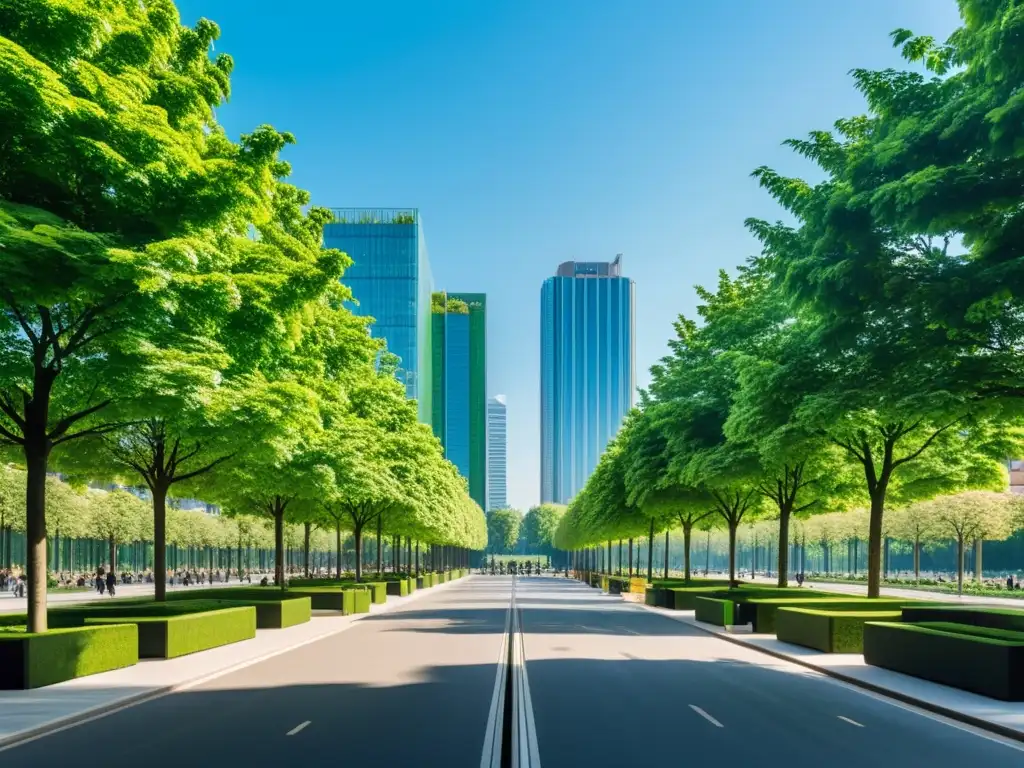 Vista serena de una ciudad europea moderna con espacios verdes, reflejando el Pacto Verde Europeo en la vida cotidiana