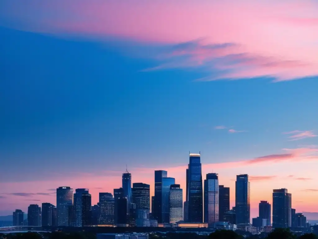 Vista serena de una ciudad moderna al atardecer, con rascacielos iluminados y cielo despejado