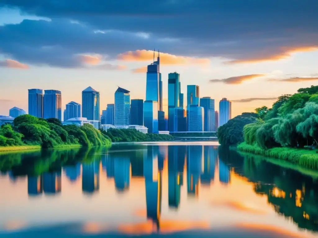 Vista serena de la ciudad al anochecer con rascacielos reflejando la luz del atardecer en un río tranquilo, rodeado de vegetación y cielo despejado