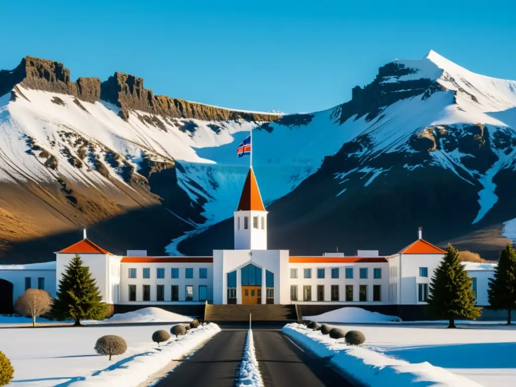 Vista serena del edificio del parlamento de Islandia, el Althing, en medio de montañas nevadas y cielo azul