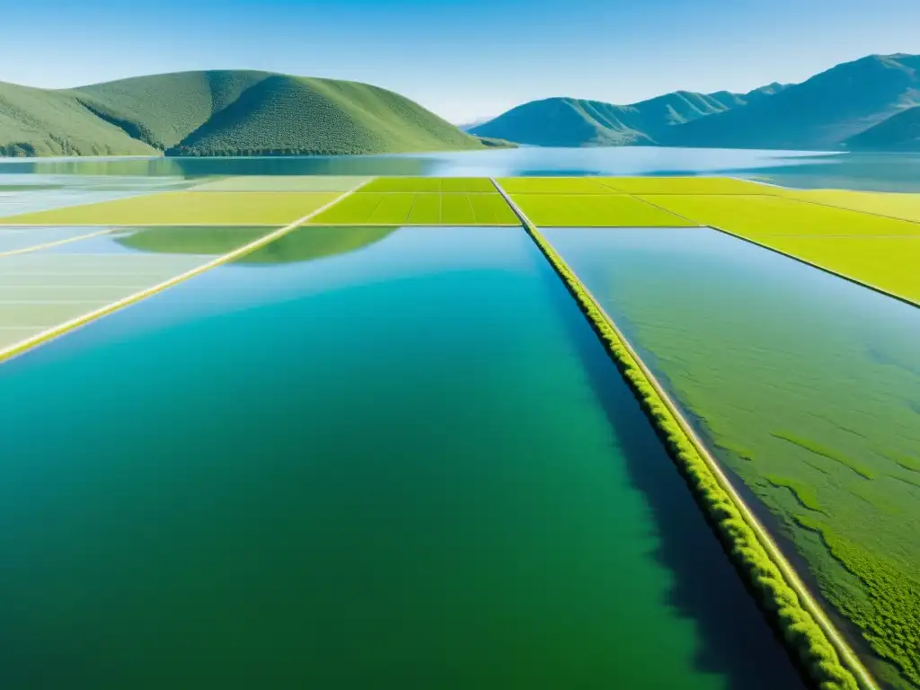 Vista serena de un extenso cultivo de algas verdes en un lago tranquilo