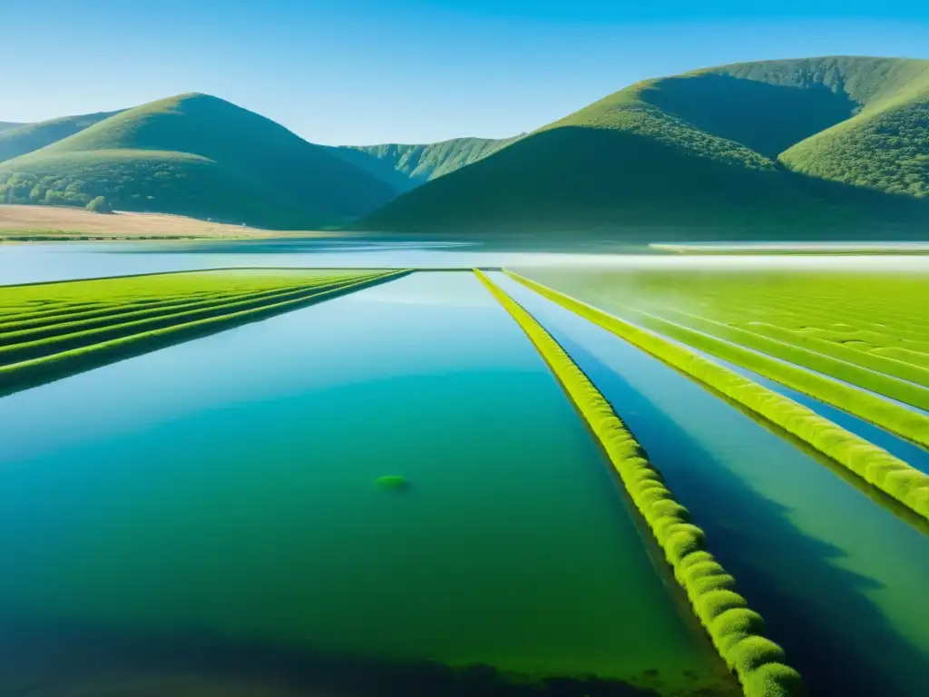 Vista serena de una granja de algas sobre agua tranquila, con filas de algas verdes bajo el agua