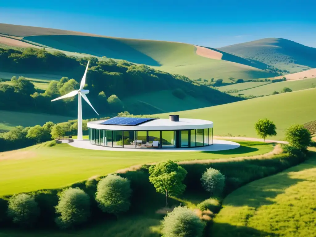 Vista serena de un hogar autosuficiente con energía eólica integrada en un paisaje tranquilo y sostenible