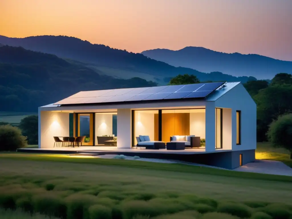 Vista serena de hogar moderno con paneles solares al atardecer, transmitiendo calma y sostenibilidad