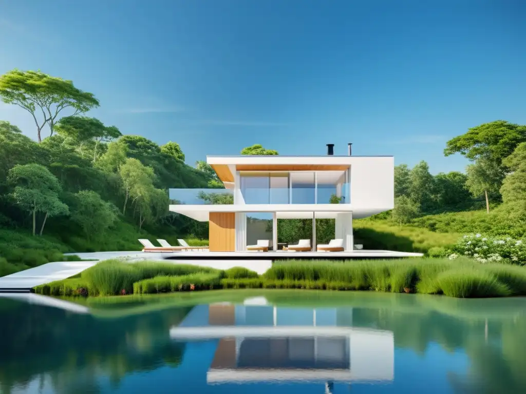 Vista serena de un hogar sostenible con pinturas reflectantes, integrado en la naturaleza