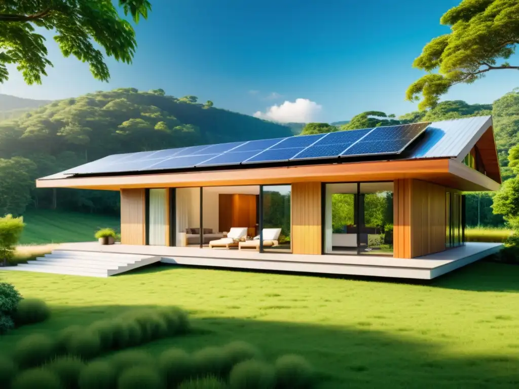 Vista serena de un hogar sostenible con paneles solares y Almacenamiento térmico sostenible hogar en medio de exuberante naturaleza