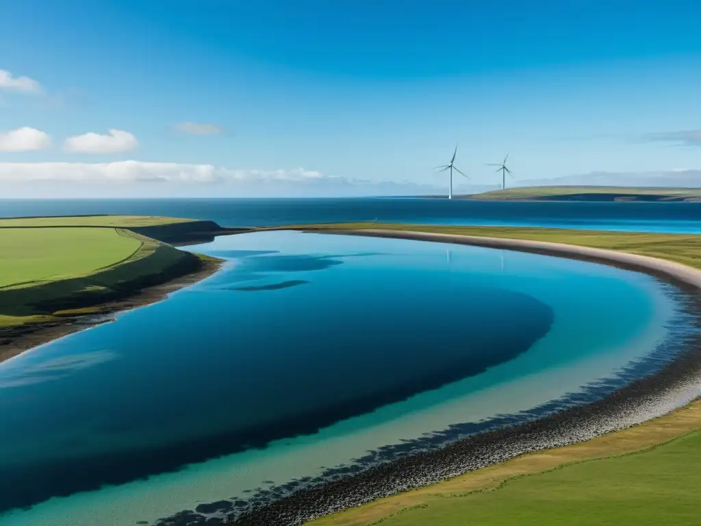 Vista serena de las islas Orkney, con una costa tranquila y una pequeña turbina eólica en la distancia, rodeada por el suave ir y venir de la marea