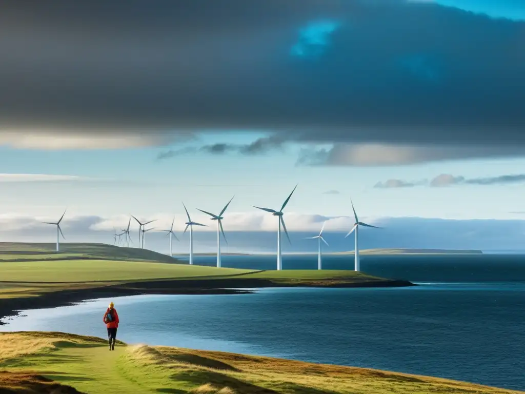 Vista serena de las Islas Orcadas con turbinas eólicas y mareas, mostrando la autonomía energética con mareas en un paisaje impresionante