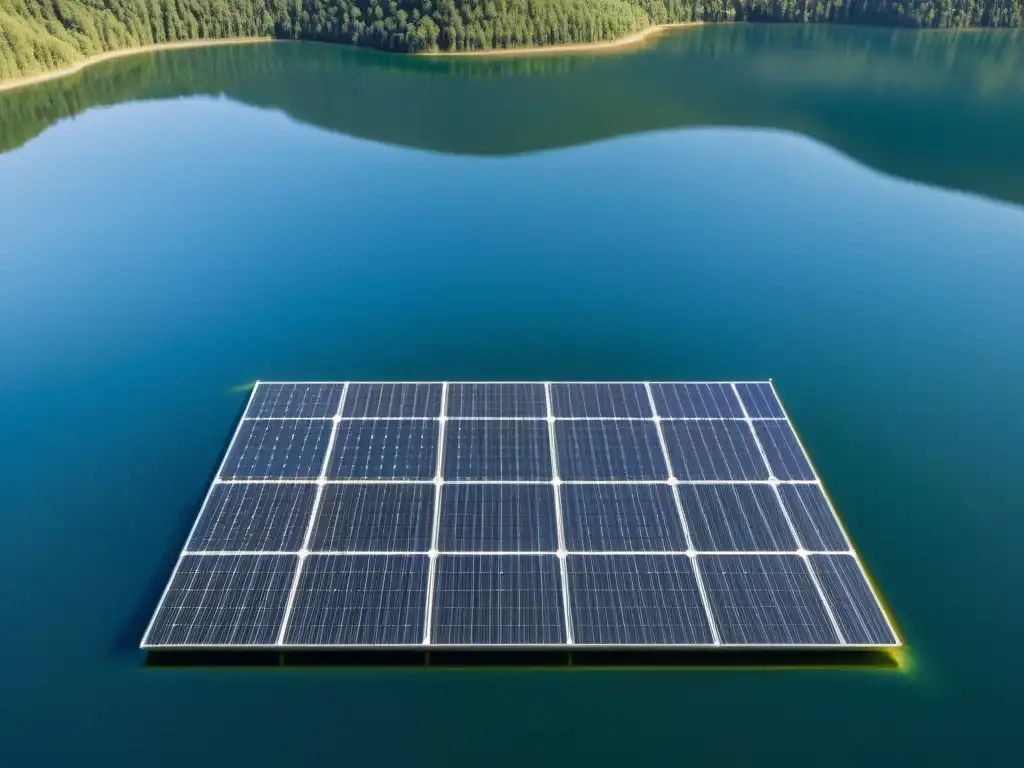 Vista serena de un lago con paneles solares flotantes para masas de agua