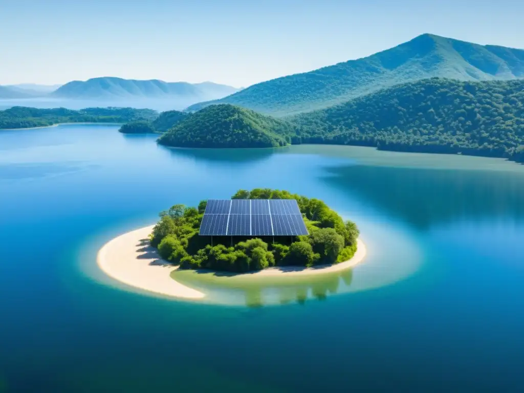 Vista serena de un lago con paneles solares flotantes para masas de agua, integrados en un entorno natural y sostenible