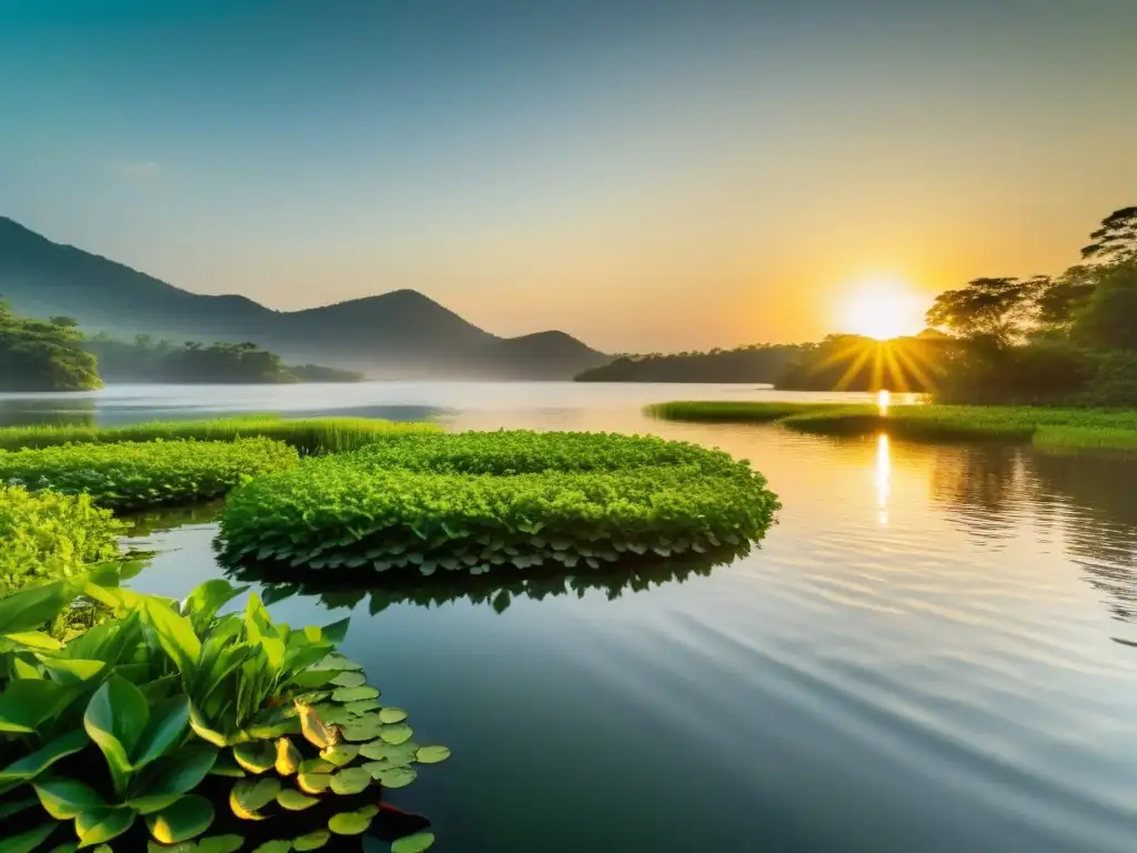 Vista serena de lago rodeado de vegetación, con el sol poniéndose y reflejos dorados en el agua