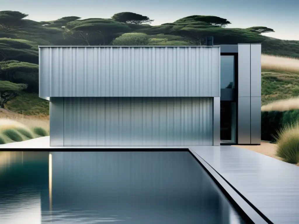 Vista serena de un paisaje costero con sistema de recogida de agua de lluvia costera integrado en la arquitectura moderna del edificio