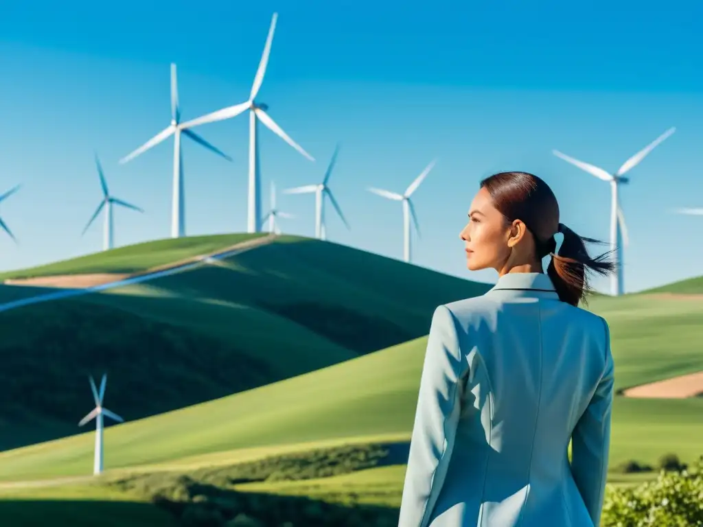 Vista serena de un paisaje con molinos de viento modernos, simbolizando la armonía entre la tecnología de energía limpia y la naturaleza