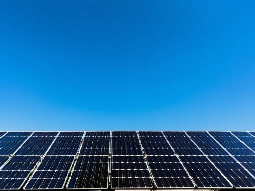 Una vista serena de paneles solares brillantes bajo un cielo azul claro