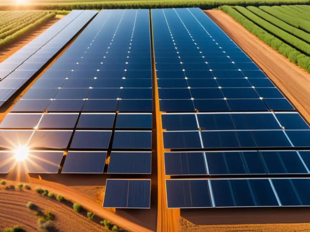 Vista serena de paneles solares en un campo, con luz cálida