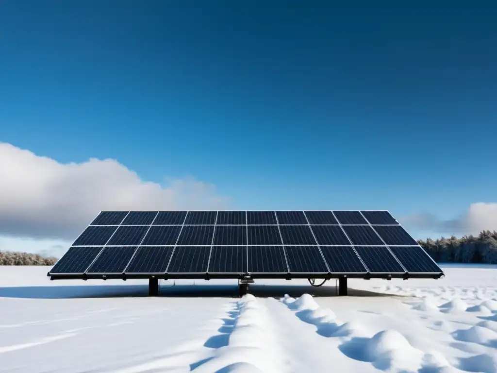 Vista serena de paneles solares cubiertos de nieve, contrastando con el cielo nublado