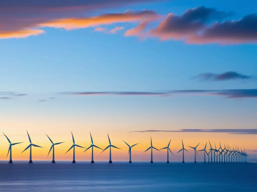 Vista serena de un parque eólico offshore al atardecer, con turbinas blancas en el mar